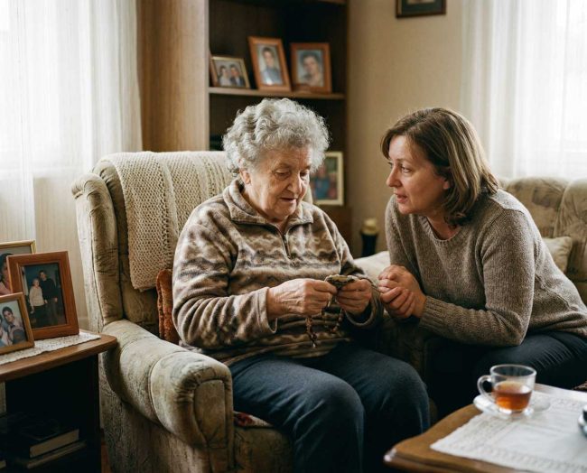 Galopirajuća-demencija Žena srednjih godina u poseti majci koja ima tešku demenciju