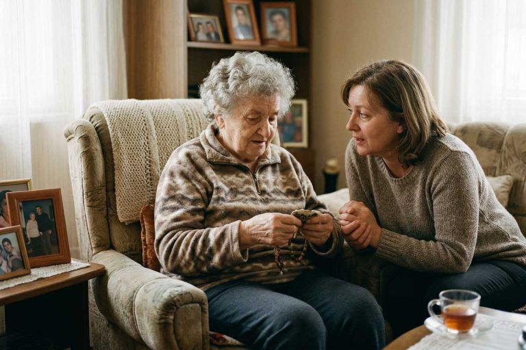 Žena srednjih godina u poseti majci koja ima tešku demenciju