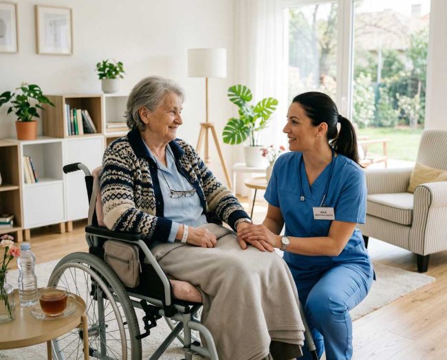 Moždani-udar Starija žena u invalidskim kolicima u staračkom domu