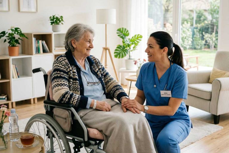 Starija žena u invalidskim kolicima u staračkom domu