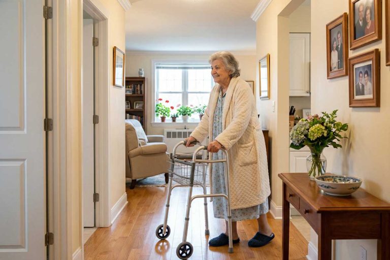 Starija žena hoda uz pomoć hodalice