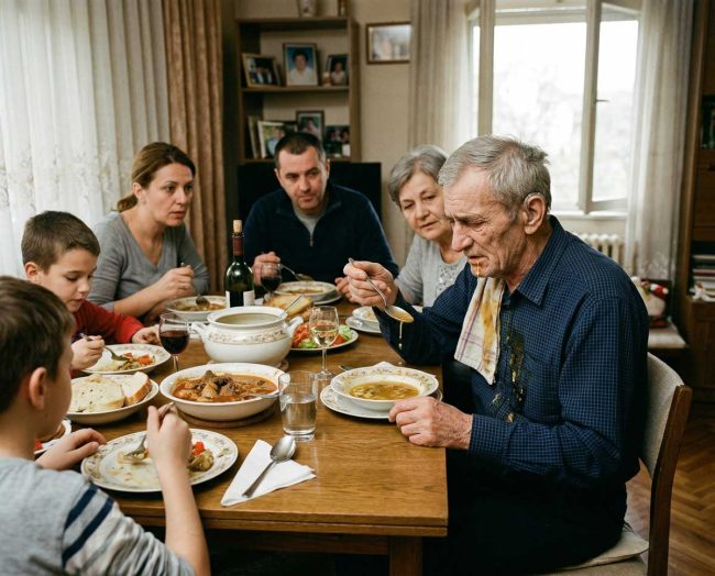 Parkinsonova-bolest Porodica za stolom ruča a deka se sav ispolivao supom