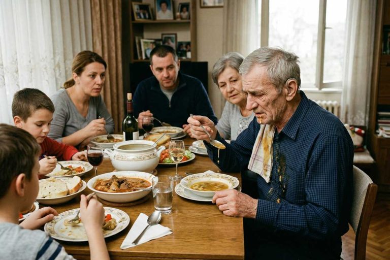 Porodica za stolom ruča a deka se sav ispolivao supom