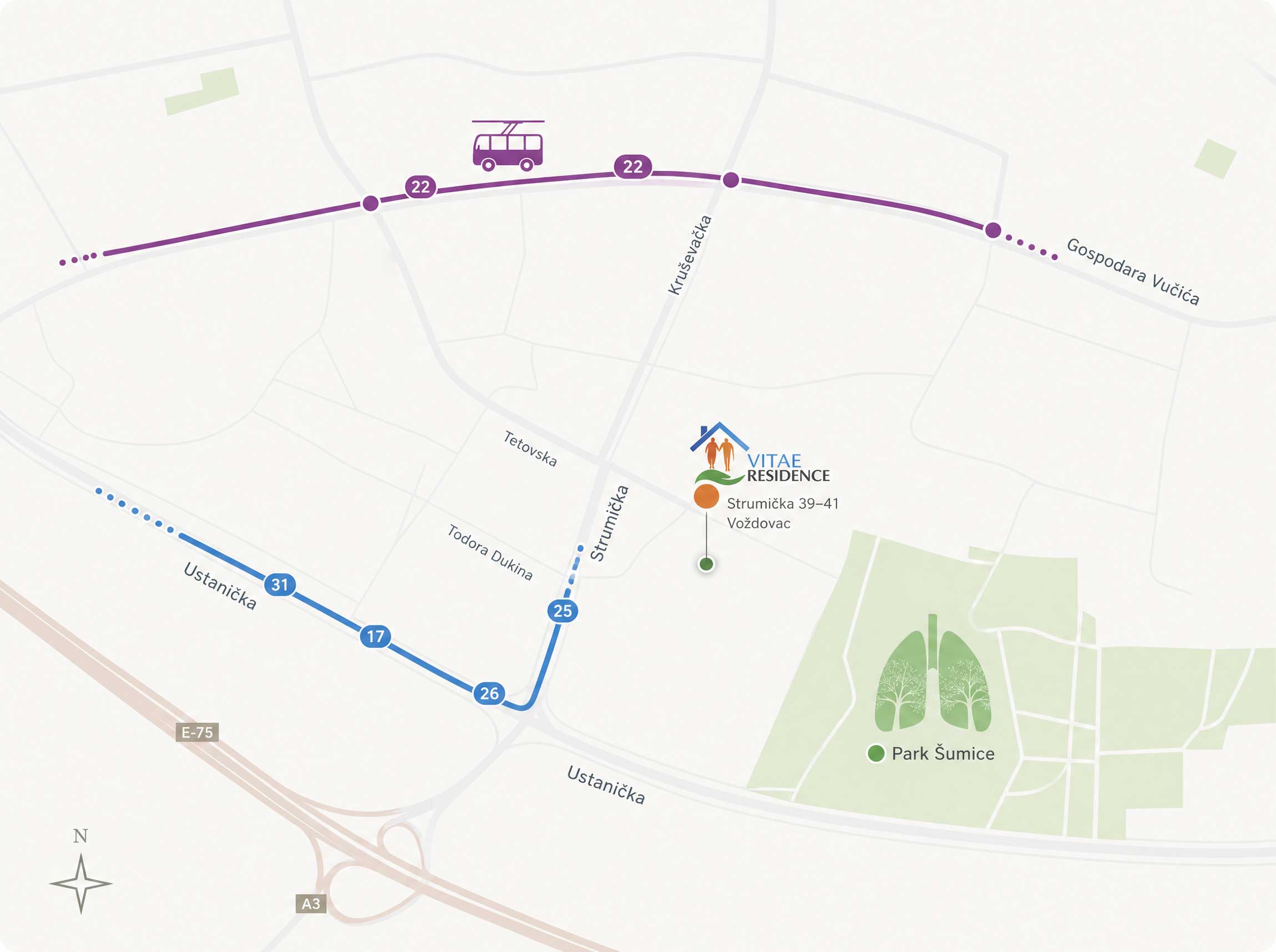 Mapa lokacije doma za stare Vitae Residence na Voždovcu u blizini Parka Šumice